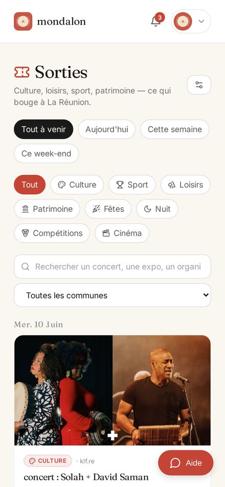 Les sorties de l'île : concerts, expos, sport, kabar — filtrés pour toi.